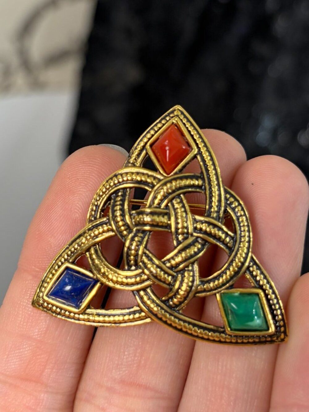 Vintage Sol D'Or Signed Gold Celtic Trinity Knot Brooch Pin Irish Red Green Blue